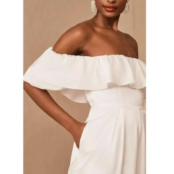 BHLDN x FAME & PARTNER Tessiah Ruffle Off Shoulder Jumpsuit White {3F49} - Picture 3 of 5